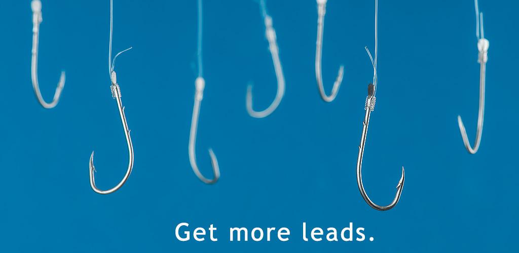 Underwater photo of fish hooks with caption: Get more leads. Underwater photo of fish hooks with caption: Get more leads.